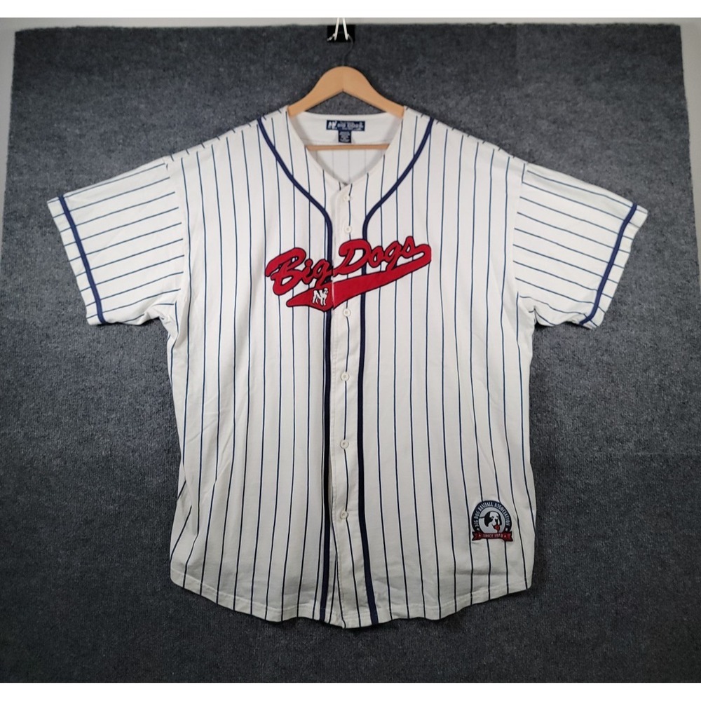 Vintage Big Dogs Baseball Jersey Mens Size 3XL White Pinstripe Embroidered Shirt